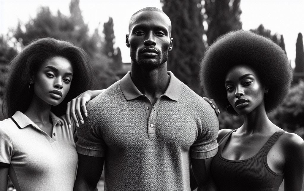 An African man standing between two African women.