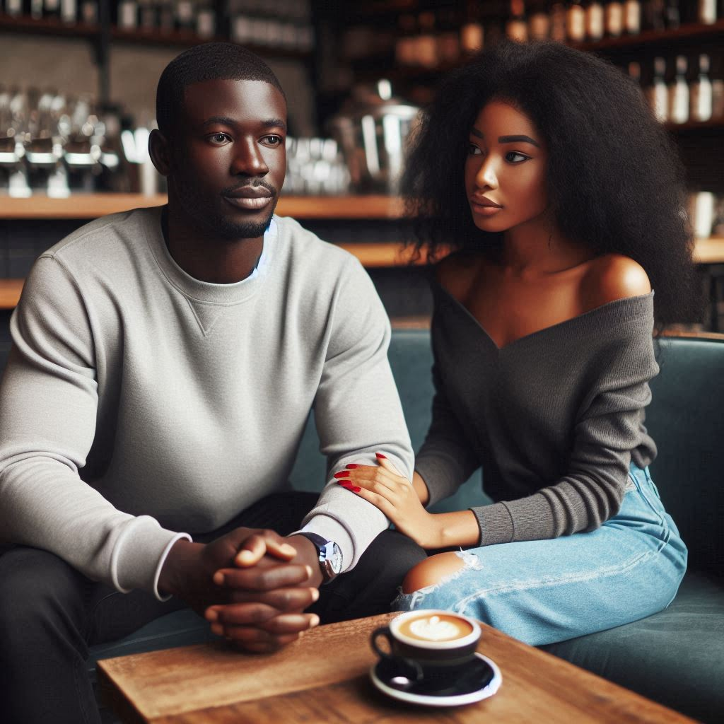 AI-generated image of an African man and an African woman in a coffee shop