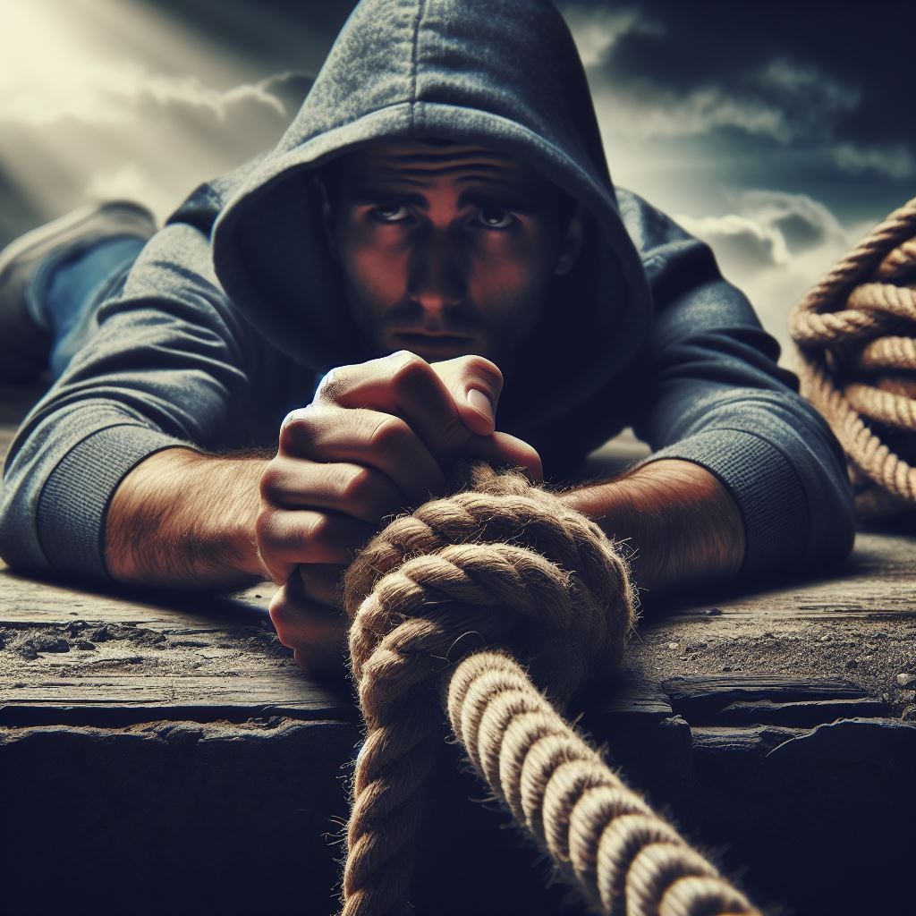 a hooded man holding the end of a rope