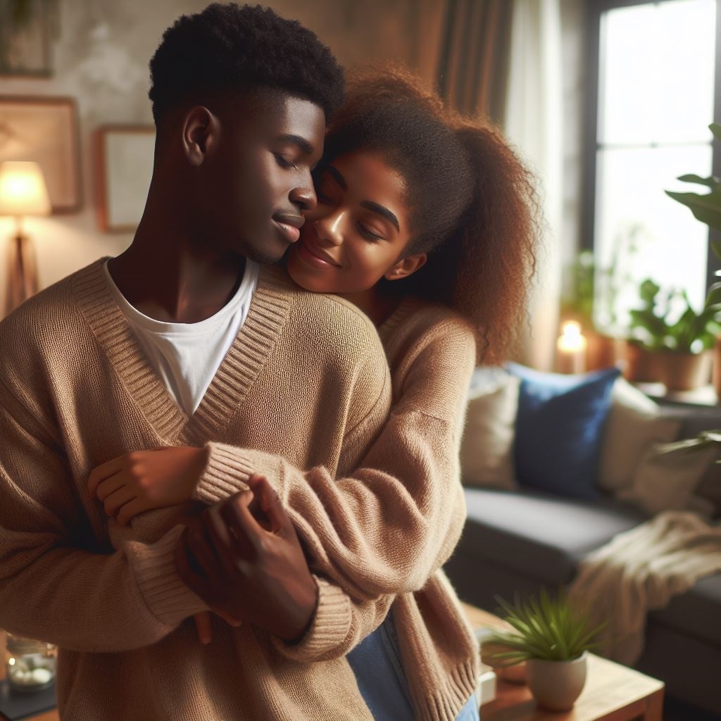 an African woman embracing an African man from the back