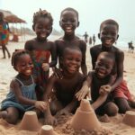 five Ghanaian children playing in the sand