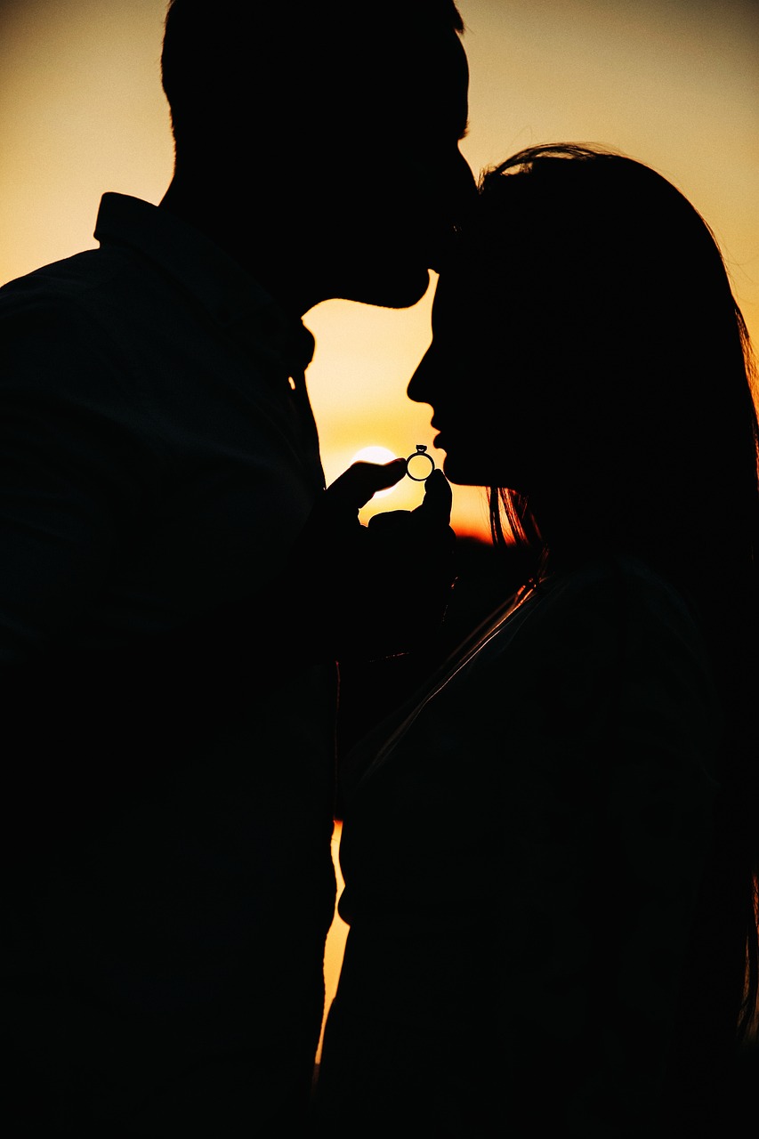 couple, kiss, wedding, silhouette, romance, just married, nature, happiness, relationship, sweethearts, young, love, fidelity, youth, tenderness, hugs, ring, sunset, portrait