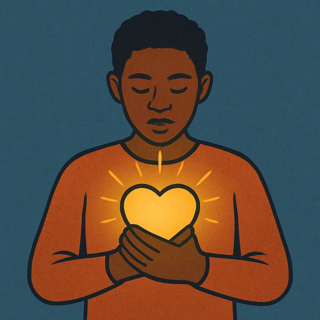 A man holding a glowing heart to his chest
