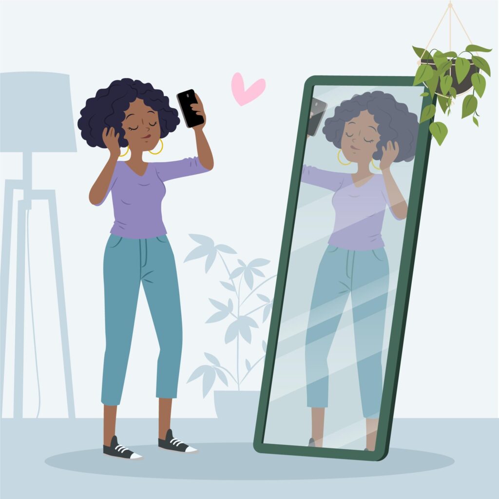 A woman standing in front of her mirror with high self-esteem