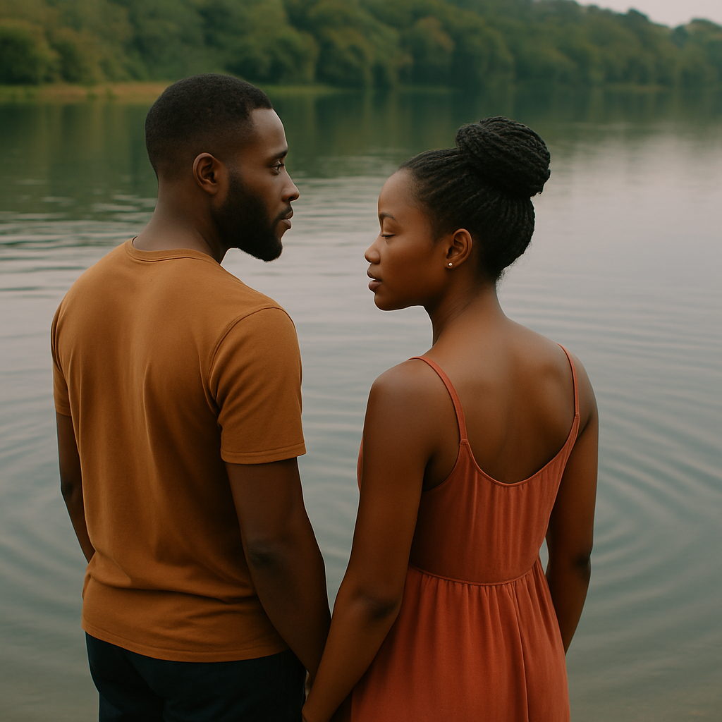 An African man and an African woman standing by a rippling lake