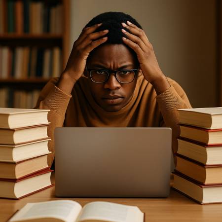 a student surrounded by books and a lapptop,looking overwhelmed