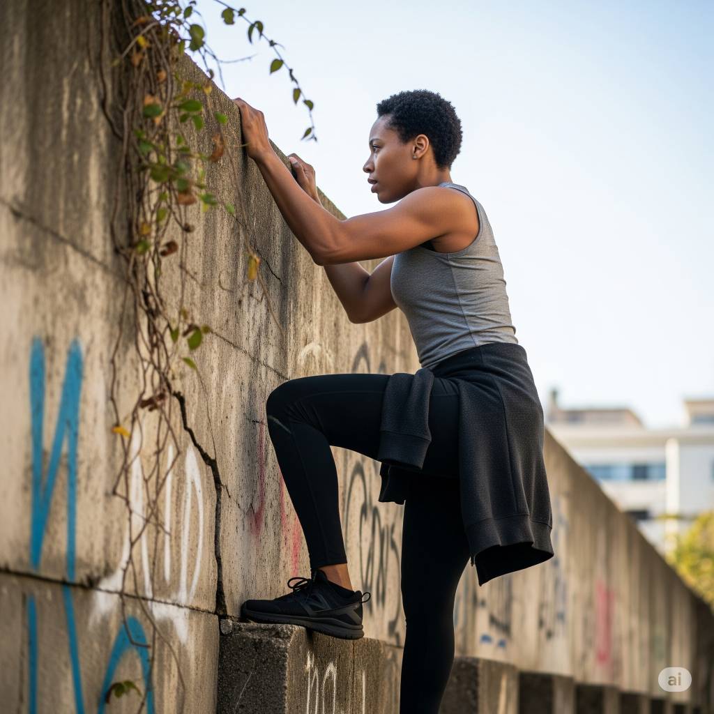 a woman looking over a wall she is climbing