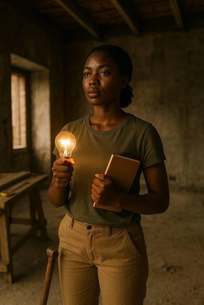 An African woman holding a journal and a light bulb in the middle of an unfinished workspace