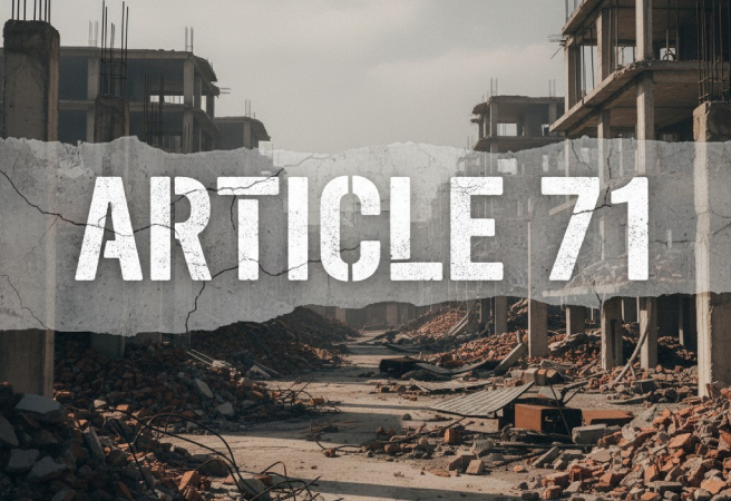 ARTICLE 71 on a backdrop of rubble