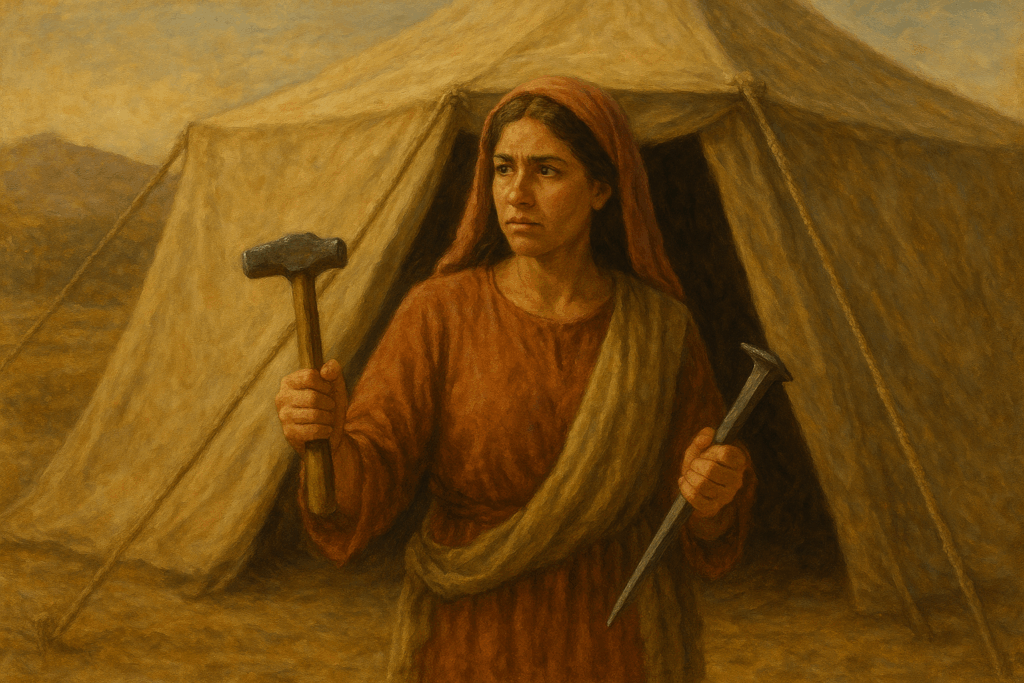 woman holding a hammer and a tent peg in front of an open tent