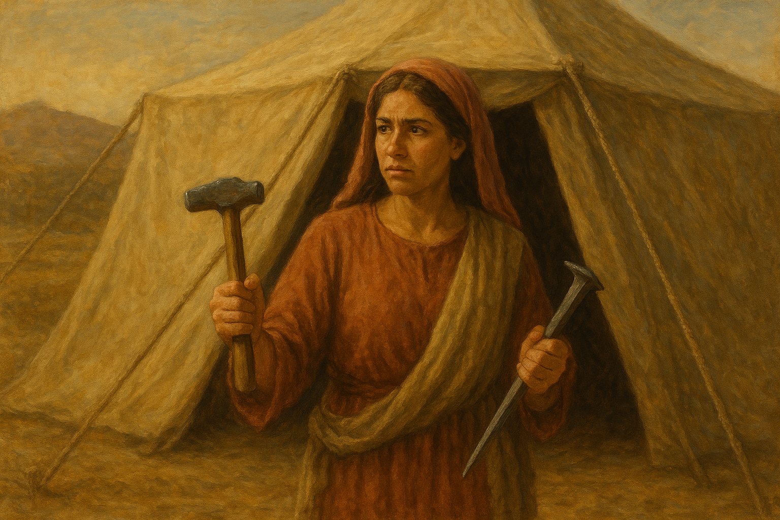 woman holding a hammer and a tent peg in front of an open tent