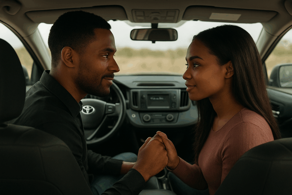 A Ghanaian man and woman in a RAV4, holding hands and smiling to each other; couple; smiling couple