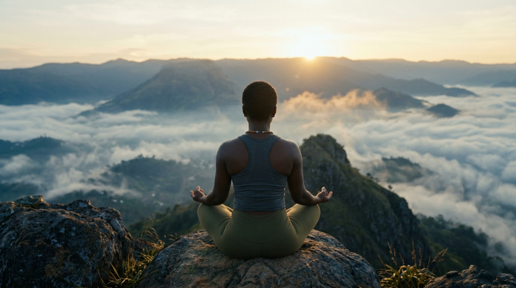 focused woman on the mountain; mountain; sunrise