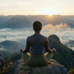 focused woman on the mountain; mountain; sunrise